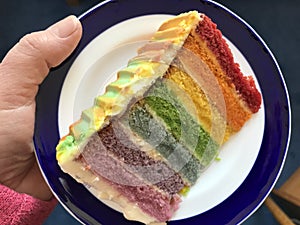 Slice of rainbow cake