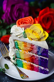 Slice of rainbow cake, AI generative