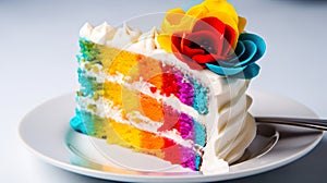 Slice of rainbow cake, AI generative
