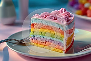 a slice of rainbow cake with a fork
