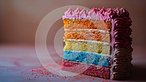 Slice of Rainbow Cake With Frosting and Sprinkles