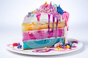 A slice of rainbow cake with rainbow colored frosting on top