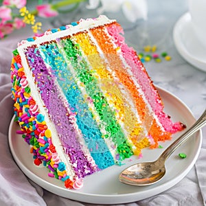 slice of rainbow cake with a small spoon.