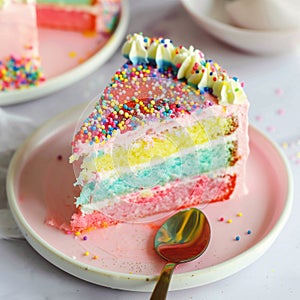 slice of rainbow cake with a small spoon.