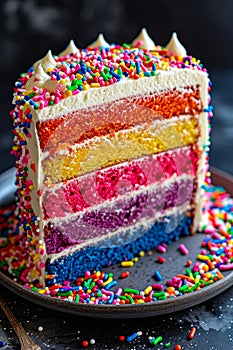Slice of rainbow cake with sprinkles on top. Generative AI