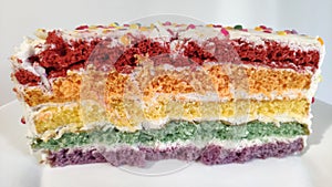 Slice of rainbow layer cake with sprinkles and white frosting