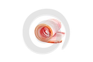 Slice of raw bacon on background
