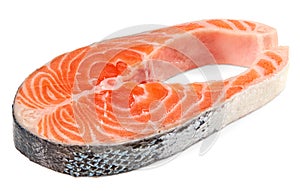 Slice of raw fish, salmon, trout, steak, isolated on white background, clipping path, full depth of field