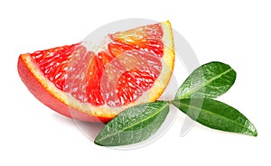 Slice of red blood orange with leaf isolated on white background