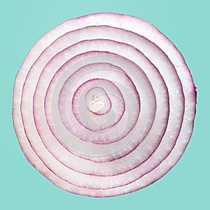 A slice of red onion isolated on blue background