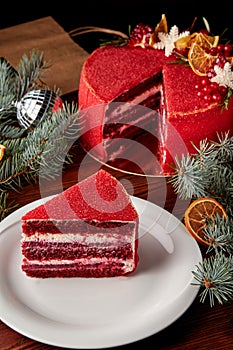 Slice of Red velvet cake decorated for Christmas
