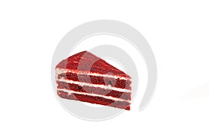 Slice of red velvet cake isolated on white background, no shadow