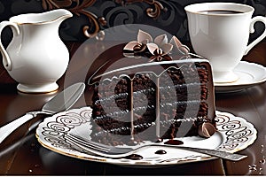 A slice of rich chocolate cake with dripping dark chocolate ganache, arranged on a delicate porcelain plate