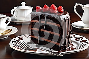 A slice of rich chocolate cake with dripping dark chocolate ganache, arranged on a delicate porcelain plate