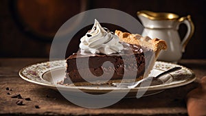 A slice of rich chocolate pie topped with whipped cream on a decorative plate