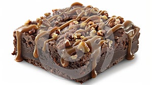 A slice of rich fudgy brownie drizzled with gooey caramel and sprinkled with chopped nuts photo