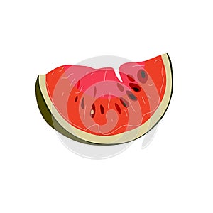 A slice of ripe red watermelon with black seeds. Cartoon illustration for menus, labels and cards