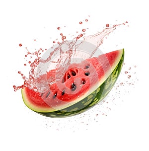 A slice of ripe watermelon and a splash of juice in flight on a white background