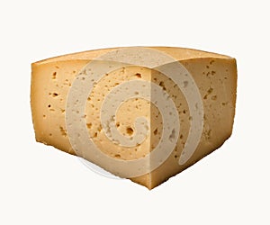 Slice of seasoned Asiago - typical italian cheese, on a white background