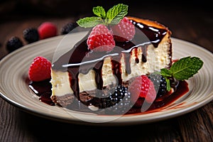 Slice of souffle cheesecake with chocolate glaze garnished with raspberries and blackberries