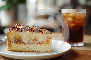 Slice of Spanish Gato de Almendras cake and glass of iced coffee photo