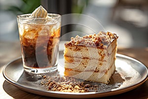 Slice of Spanish Gato de Almendras cake and glass of iced coffee. photo