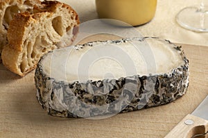 Spanish Monte Enebro artisan cheese close up on a cutting board photo