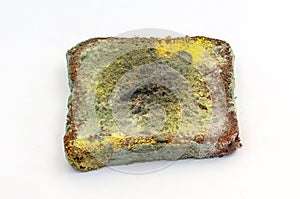 Slice of stale rye bread with mold. Spoiled bread with colored mold. White background. Top view.