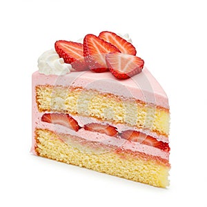 Slice of strawberry cake features layers of light yellow sponge cake with pink photo