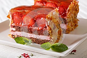 slice of strawberry cake with fresh mint closeup on a plate. horizontal