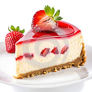 Slice of Strawberry cheesecake in plate isolated on white background. Generative ai