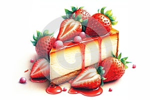 slice of strawberry cheesecake with strawberries and strawberry sauce on top