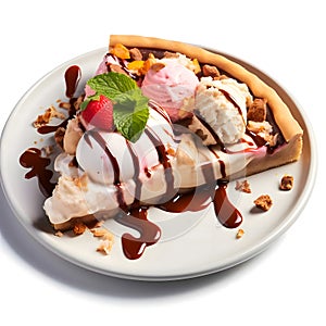 A slice of sweet pizza with ice cream, strawberry and chocolate topping on a plate. White isolated background