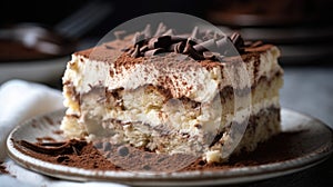 a slice of tiramisu cake with a dusting of cocoa powder and chocolate shavings. Generative AI
