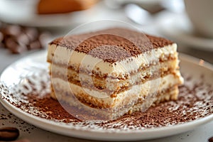 A slice of tiramisu with distinctive layers of cream and sponge cake with cocoa powder on a white plate. Generative AI