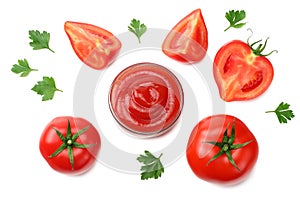 slice of tomato with parsley and glass bowl of ketchup isolated on white background. top view