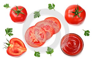 slice of tomato with parsley isolated on white background. top view