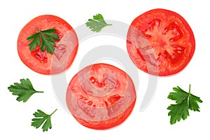 Slice of tomato with parsley isolated on white background. top view