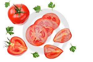 slice of tomato with parsley isolated on white background. top view