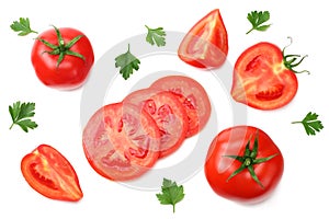 Slice of tomato with parsley isolated on white background. top view