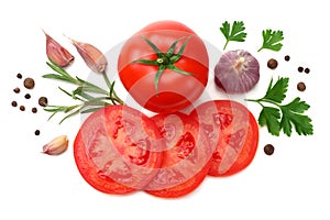 slice of tomato with parsley isolated on white background. top view