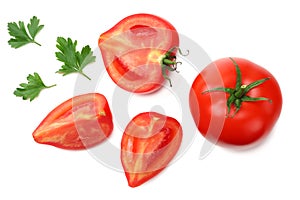 Slice of tomato with parsley isolated on white background. top view