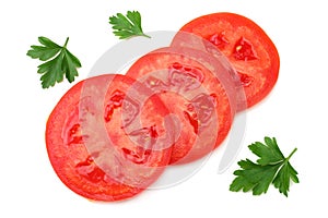 Slice of tomato with parsley isolated on white background. top view