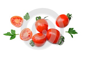 slice of tomato with parsley isolated on white background. top view