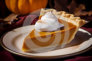 Slice of traditional pumkin pie with a dollop of whipped cream, generative AI
