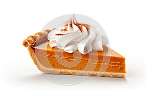 Slice of traditional pumpkin pie with cream for Thanksgiving day or Halloween isolated on white background