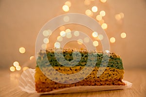 A slice of waffle cake close up