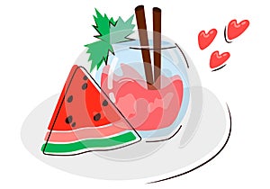 A slice of watermelon and a glass of fresh juice. Juicy refreshing favorite cocktail drink. Sweet healthy summer fruit