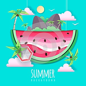 Slice of watermelon with sea or osean island landscape inside. Summer beach background. Cut out paper art style design. Origami