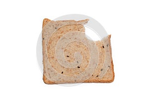 Slice whole wheat bread had bite marks isolated on white background